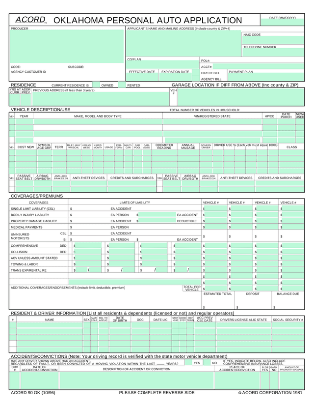 Oklahoma Personal Auto Application (ACORD 90 OK) screenshot