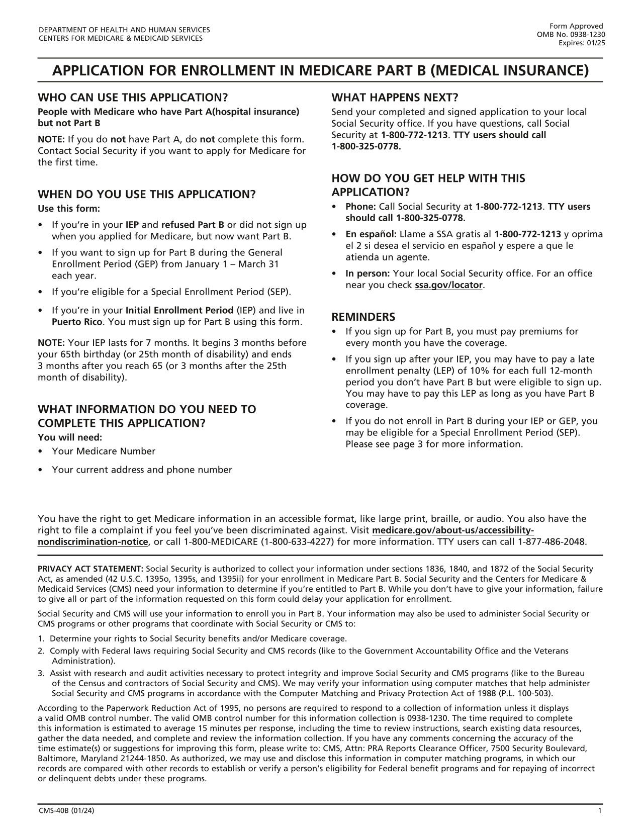 Medicare Part B Application screenshot